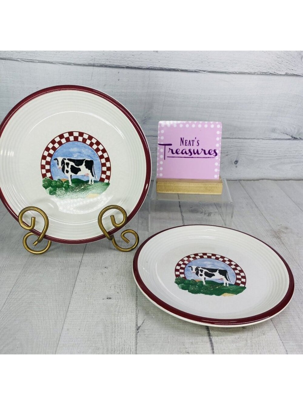 Century Stoneware FANNIE'S FARM Cow Center Maroon Checks Salad Plates Set of 2